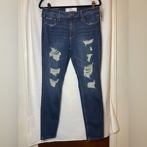 NWT Hollister Dark Blue Denim Ripped Distressed Skinny Jeans with Holes Size 13R
